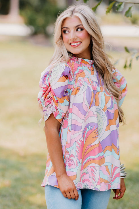 Abstract Print Bubble Sleeve Smock Detail Blouse